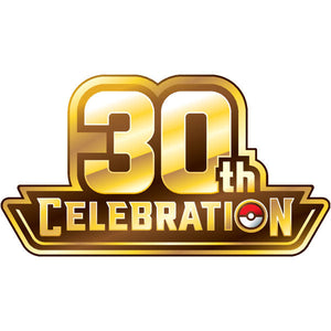 Gold and brown emblem with large text 30th Celebration. The word Celebration features a Poké Ball replacing the letter O. The design has a shiny, festive appearance on a white background.
