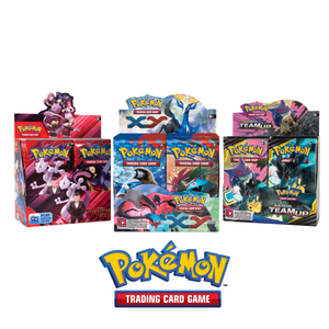 Three Pokémon Trading Card Game boxes are displayed upright, each featuring colorful artwork and different Pokémon. The Pokémon Trading Card Game logo appears below the boxes.