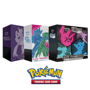 This image shows three Pokémon TCG Elite Trainer Boxes: XY BREAKthrough (Mewtwo), Sun & Moon Cosmic Eclipse (Arceus, Dialga, Palkia), and Sword & Shield Evolving Skies.