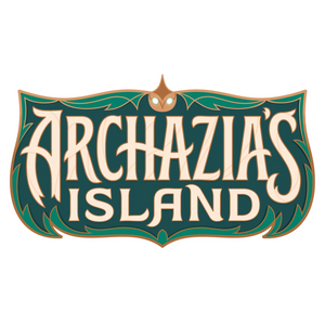Logo reading ARCHAZIAS ISLAND in large stylized cream letters on a dark green background with gold trim and a small owl-like mask at the top center.