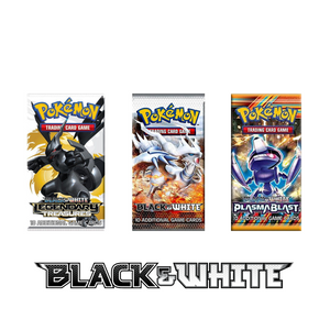 Three Pokémon TCG booster packs from the Black & White series, with Reshiram, Kyurem, and Genesect on the covers. BLACK & WHITE logo is displayed below the packs.