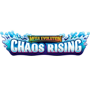 Logo for Mega Evolution: Chaos Rising with bold, stylized text and blue water splash effects in the background.