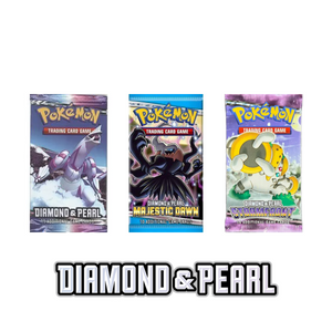 Three Pokémon TCG booster packs from the Diamond & Pearl era are displayed above a Diamond & Pearl logo, featuring Dialga, Darkrai, and Regigigas on each respective pack.