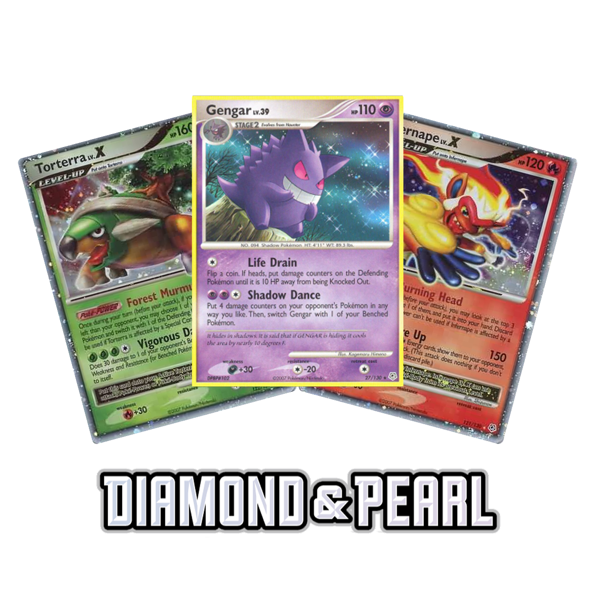 Three Pokémon cards showing Torterra, Gengar, and Infernape above the text DIAMOND & PEARL.