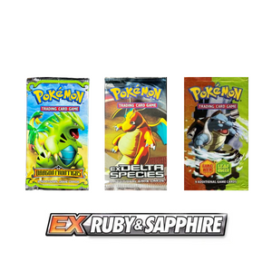 Three Pokémon trading card booster packs are shown above an EX Ruby & Sapphire logo. The packs feature Tyranitar, Charizard, and Blastoise artwork.