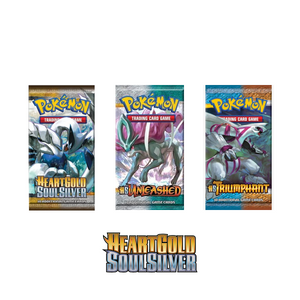 Three Pokémon trading card booster packs—HeartGold SoulSilver, Unleashed, and Triumphant—are displayed above a HeartGold SoulSilver logo on a white background.