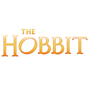 Text logo reads The Hobbit in large, golden, fantasy-style font on a white background.