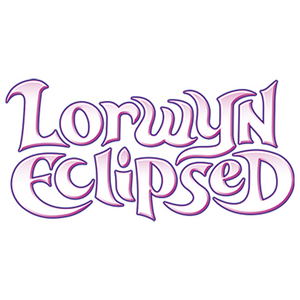Stylized text logo reading Lorwyn Eclipsed in purple and pink gradient, with whimsical, curved lettering on a white background.