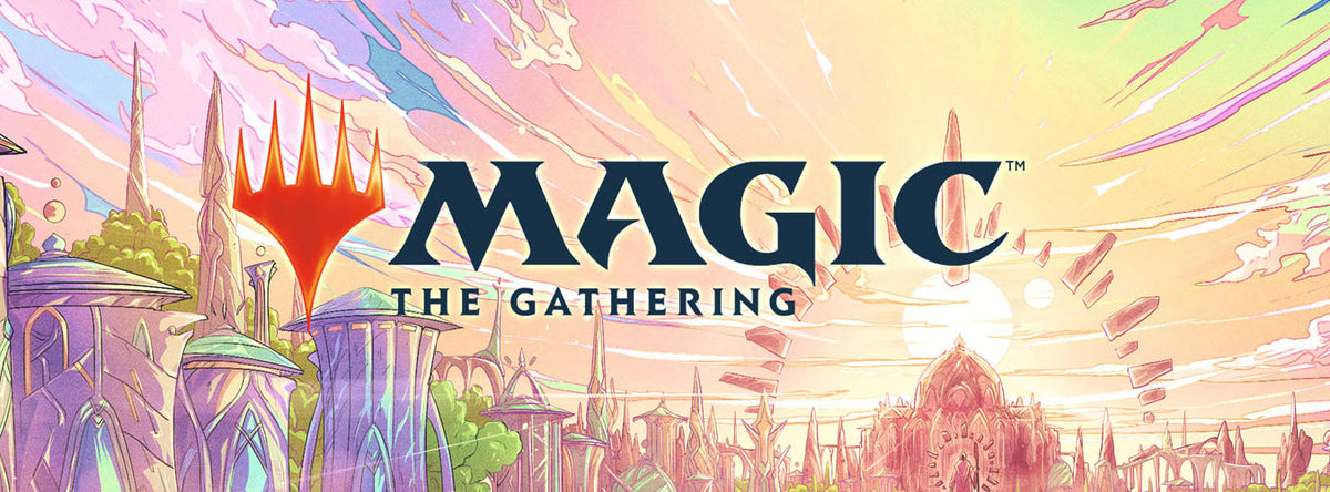 Colorful fantasy cityscape with tall, futuristic buildings under a pastel sky. Magic: The Gathering logo with orange emblem is centered over the scene. Sun and floating rocks appear in the background.