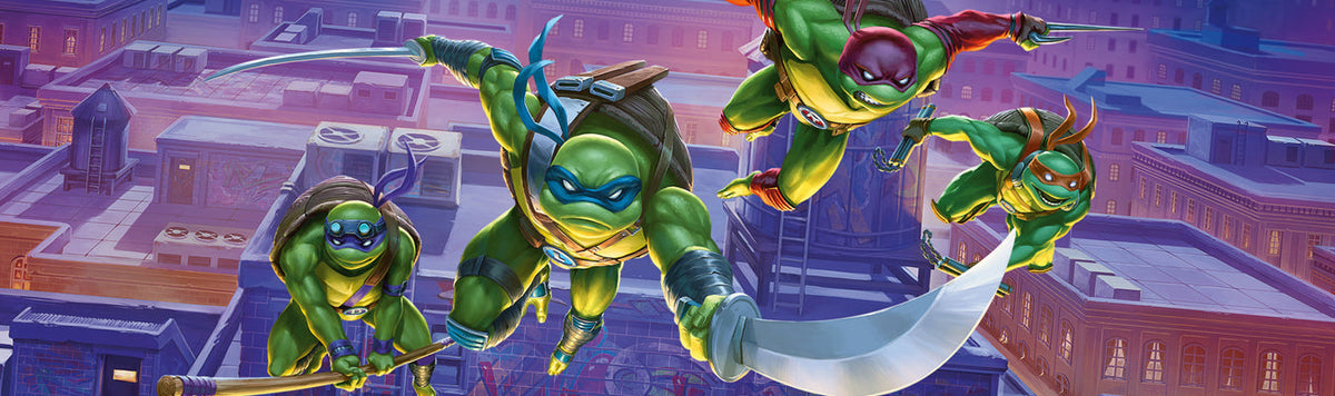 Four Teenage Mutant Ninja Turtles leap through the air over a city rooftop at dusk, each holding their signature weapons and wearing colored masks and gear, with buildings and water towers in the background.