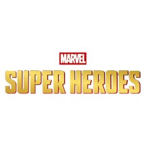Marvel Super Heroes logo with Marvel in white on a red box above large gold letters spelling SUPER HEROES on a white background.
