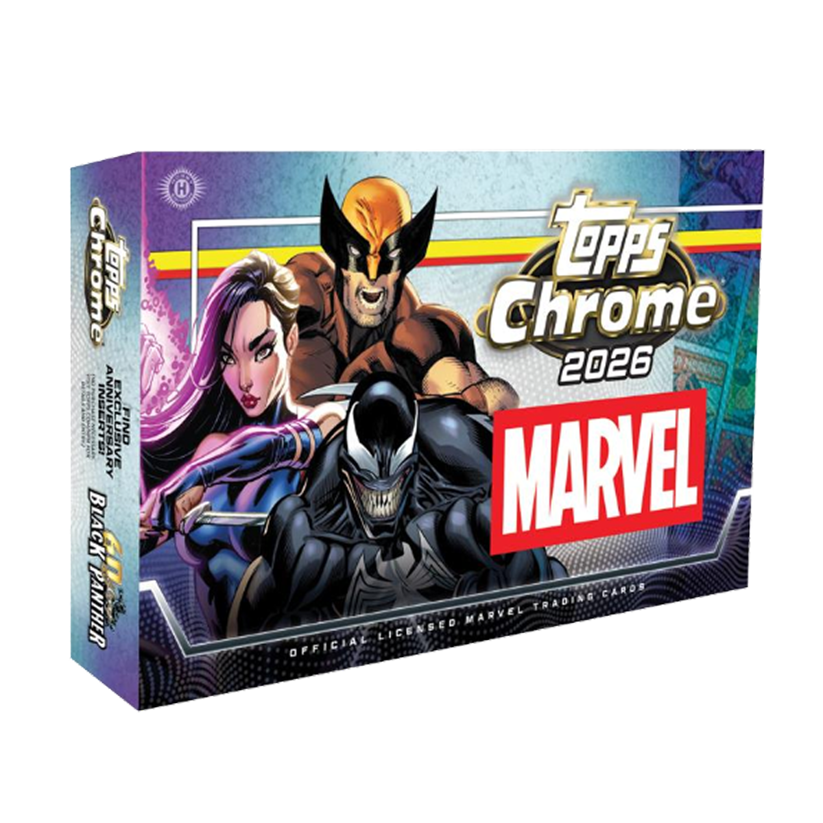 Topps Chrome 2026 Marvel trading card hobby box featuring illustrations of Psylocke, Wolverine, and Venom.