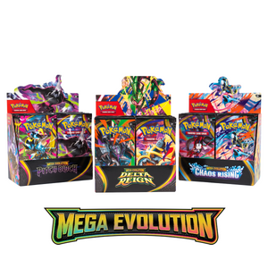 Three Pokémon Trading Card Game boxes labeled Pitch-Black, Delta Reign, and Chaos Rising, with colorful artwork. MEGA EVOLUTION text is displayed below the boxes.