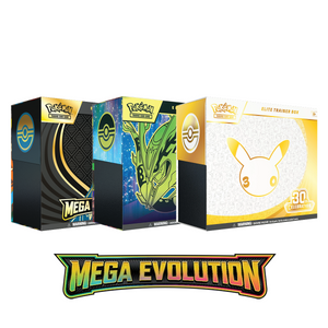 Three Pokémon Elite Trainer Boxes with different designs and colors are shown above a Mega Evolution logo with bold, stylized text.