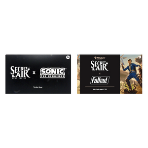 Two Magic: The Gathering Secret Lair product boxes, featuring collaborations with Sonic the Hedgehog and Fallout.