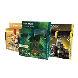 Three Magic: The Gathering collector booster displays featuring Marvel Super Heroes, The Lord of the Rings: Tales of Middle-earth, and Fallout themes.