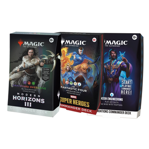 Three Magic: The Gathering Commander decks: Graveyard Overdrive from Modern Horizons III, The Fantastic Four Marvel Super Heroes deck, and the Keen Engineering Foundations Commander deck.