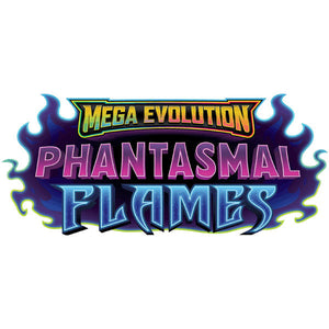 Logo with the words MEGA EVOLUTION above PHANTASMAL FLAMES in colorful, bold letters surrounded by blue and purple flames on a white background.