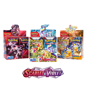 Three Pokémon TCG box sets—Obsidian Flames, Scarlet & Violet, and Paldean Fates—stand behind a Scarlet & Violet logo, featuring colorful Pokémon art and dynamic packaging designs.