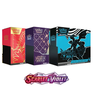 Three Pokémon TCG Elite Trainer Boxes—Scarlet & Violet, Paldean Fates, and Black Bolt—are displayed behind a Scarlet & Violet logo on a white background.