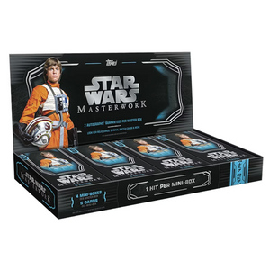 Topps Star Wars Masterwork trading card display box featuring Luke Skywalker, containing four mini-boxes with guaranteed autographs and relic cards.