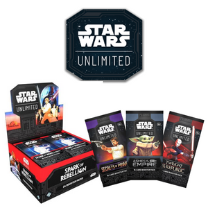 Star Wars Unlimited logo, a display box of Spark of Rebellion booster packs, and four individual Star Wars Unlimited booster packs from different sets.