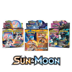 Three Pokémon Sun & Moon trading card game boxes—Cosmic Eclipse, Sun & Moon, and Team Up—are displayed above a large Sun & Moon logo.