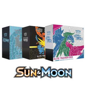 Three Pokémon Elite Trainer Boxes from the Sun & Moon series are shown, each with unique artwork and colors. The Sun & Moon logo appears below the boxes.