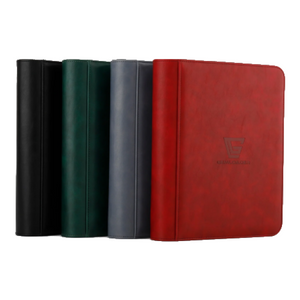 Four zippered trading card binders in black, green, gray, and red, with the Gemloader logo embossed on the front.