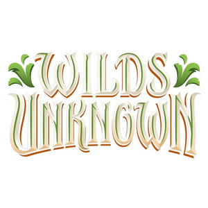 Stylized text reads WILDS UNKNOWN in ornate, multicolored letters with green leafy accents on a white background.
