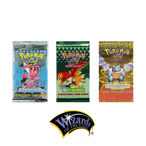 Three vintage Pokémon booster packs—Aquapolis, Skyridge, and Expedition—are displayed in a row above the Wizards of the Coast logo on a white background.