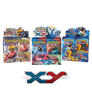 Five Pokémon TCG booster boxes from the XY series are displayed in a row, featuring colorful artwork of various Pokémon, with the XY logo beneath them.