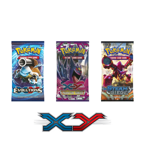 Three Pokémon TCG booster packs—Evolutions, Phantom Forces, and Steam Siege—stand above a stylized blue and red XY logo on a white background.