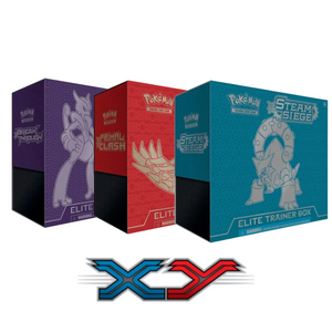 Three colorful Pokémon XY Elite Trainer Boxes—purple, red, and blue—are shown in a row with unique Pokémon art on each. The XY logo is displayed below the boxes.