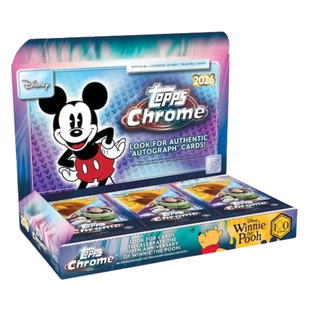 The Topps Chrome Disney 2026 Hobby Box by Topps features Mickey Mouse art, celebrates Winnie the Pooh’s 100th anniversary, and offers the chance to find authentic autograph cards inside.