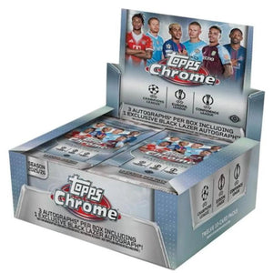 The Topps Chrome UEFA Competitions 2025/26 Hobby Jumbo Box by Topps showcases six players on the packaging and includes autographs and special edition soccer cards inside.
