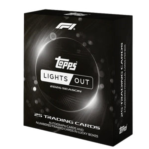 A Topps Formula 1 Lights Out Hobby Box for the 2026 season in black, featuring 25 trading cards per box with the chance to find autograph and numbered framed cards in select boxes.