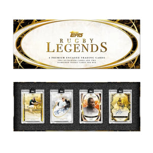 The Topps Rugby Legends 2026 Hobby Box by Topps showcases four individually encased trading cards featuring legendary rugby players, with select autographed cards included, all neatly arranged in a black foam insert below an elegant white-and-gold lid.
