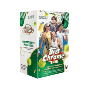Topps Chrome Tennis 2026 Value Box featuring tennis players Mirra Andreeva, Jack Draper, and Amanda Anisimova.