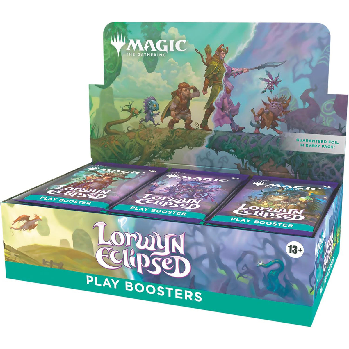 A Magic: The Gathering - Lorwyn Eclipsed Play Booster Display box containing three rows of trading card booster packs, featuring fantasy artwork of forest creatures and characters on the packs and the upright back panel.