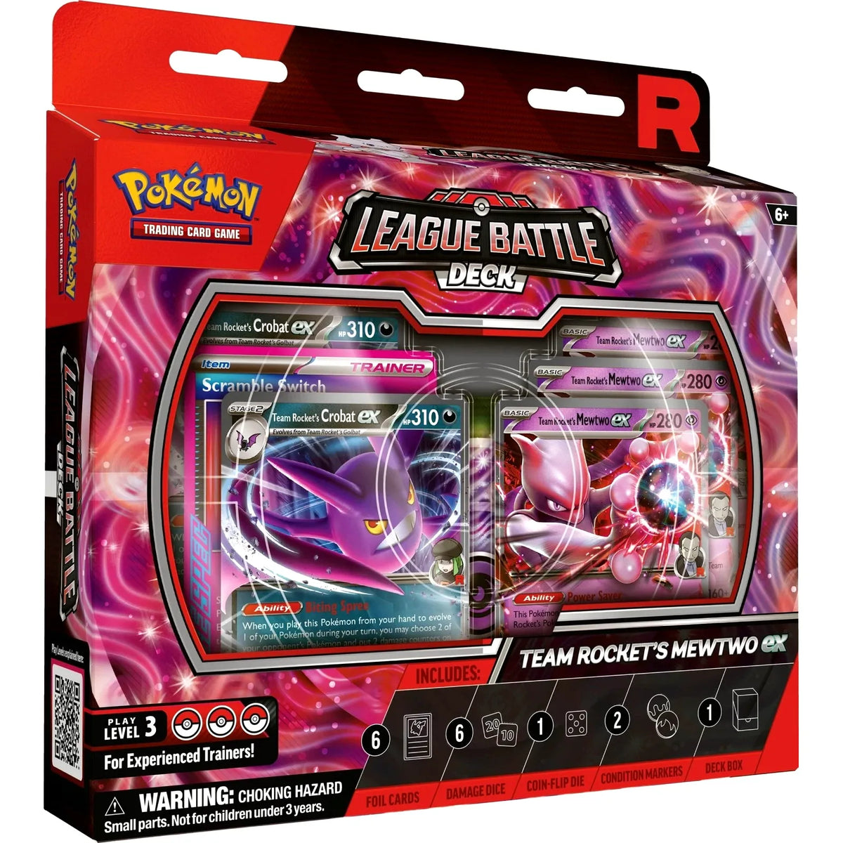 The Pokémon Company’s Pokémon TCG: Team Rocket's Mewtwo ex League Battle Deck includes holographic cards, damage counters, and accessories in bold red and purple packaging. Perfect for players ages 6 and up.