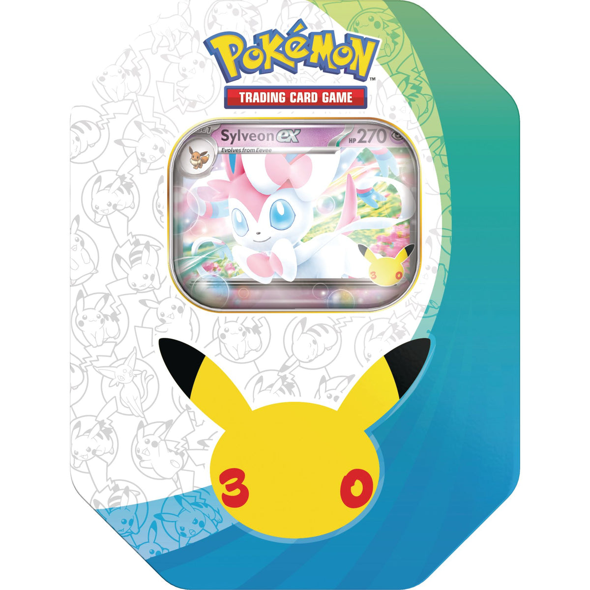 The Pokémon TCG: 30th Celebration EX Tin by The Pokémon Company features a Sylveon EX card and displays Pikachu’s face with red cheeks on the front, complemented by outlines of various Pokémon characters in the background.