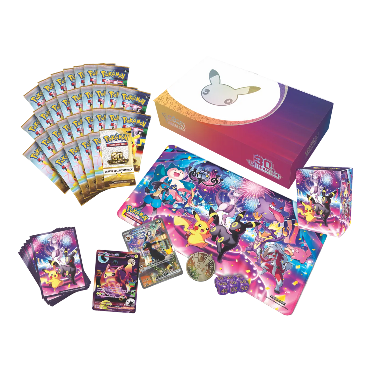 Pokémon TCG: 30th Celebration Ultra-Premium Collections – Day & Night by The Pokémon Company includes 17 booster packs, a playmat, promo cards, a commemorative coin, card sleeves, and a storage box adorned with vibrant Pokémon artwork and the exclusive 30th anniversary logo.