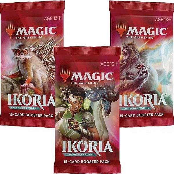 A Magic the Gathering: Ikoria: Lair of Behemoths Booster Pack by Wizards of the Coast, red packaging with a warrior woman and blue horned creature, marked Age 13+ and "15-card booster pack.