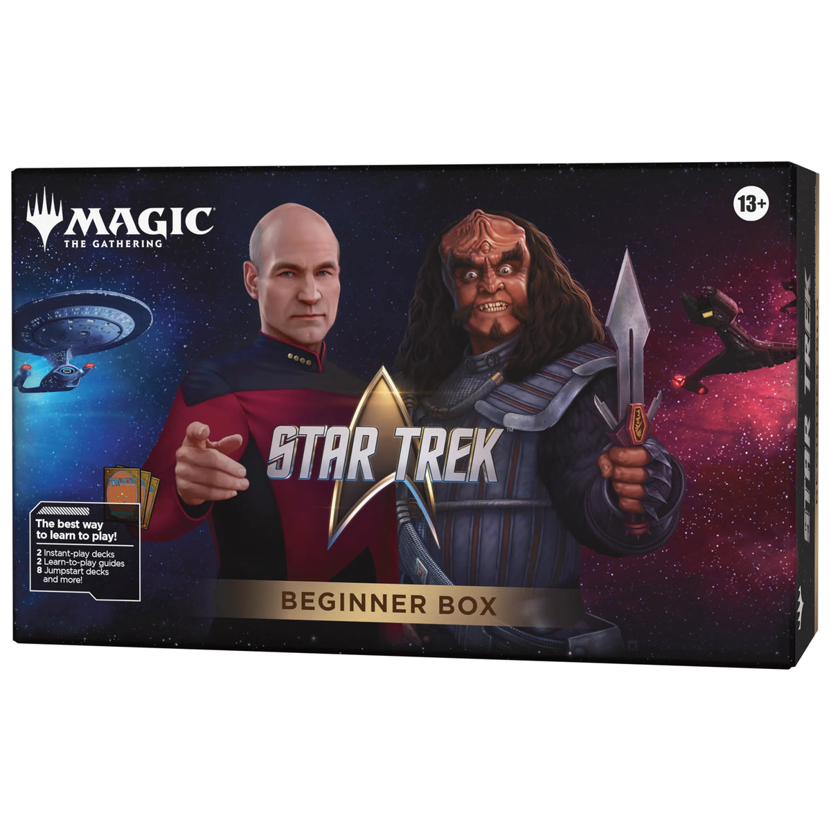 Magic: The Gathering - Star Trek Beginner Box featuring Captain Picard and a Klingon warrior against a space background, including two decks and two play guides.