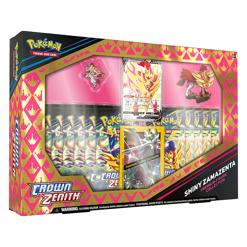 Explore The Pokémon Company's Pokémon TCG: Shiny Zacian/Zamazenta V Premium Figure Collection, packed with booster packs, a Shiny Zamazenta card, promo cards, a pink and gold deck box, and a figure—all in themed packaging.