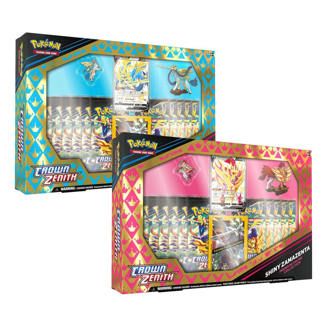 Two Pokémon TCG: Shiny Zacian/Zamazenta V Premium Figure Collection boxes from The Pokémon Company—one blue with Shiny Zacian, one red with Shiny Zamazenta—each showcasing featured cards and booster packs in clear display windows.
