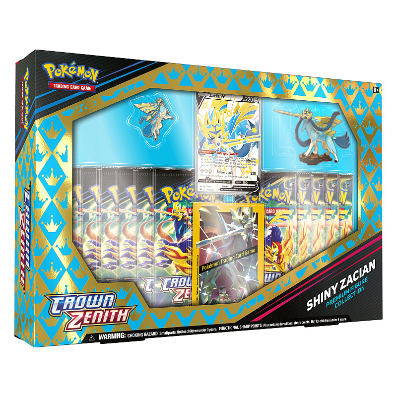 The Pokémon TCG: Shiny Zacian/Zamazenta V Premium Figure Collection by The Pokémon Company includes booster packs, a Shiny Zacian card, a Zacian & Zamazenta figurine, and deck sleeves in blue and gold Pokémon-branded packaging.