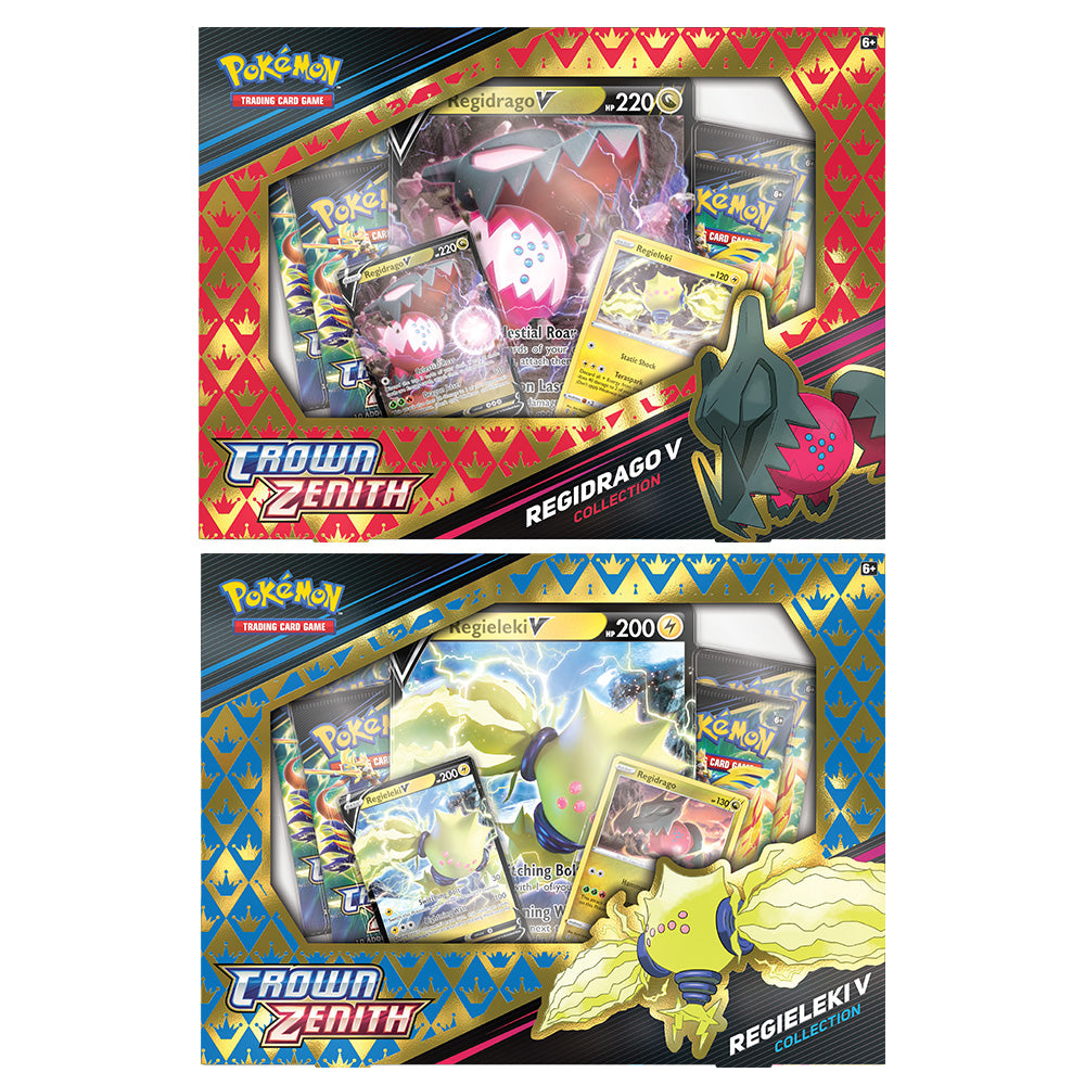 The Pokémon TCG: Regieleki/Regidrago V Collection by The Pokémon Company features two boxes with cards, a pin, and dynamic artwork of Regieleki V or Regidrago V—all showcased in clear display windows.