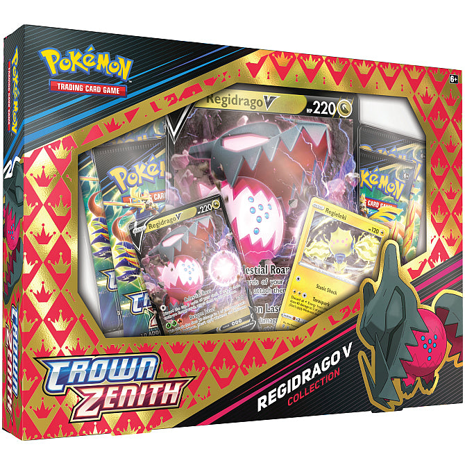 The Pokémon TCG: Regieleki/Regidrago V Collection by The Pokémon Company includes a Regidrago V promo, jumbo card, booster packs, and special artwork featuring Regieleki V in eye-catching red and gold packaging.